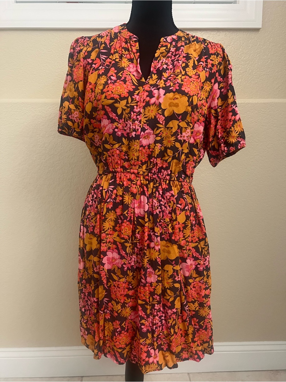 LOFT Floral Midi Dress in Pink & Mustard on Brown